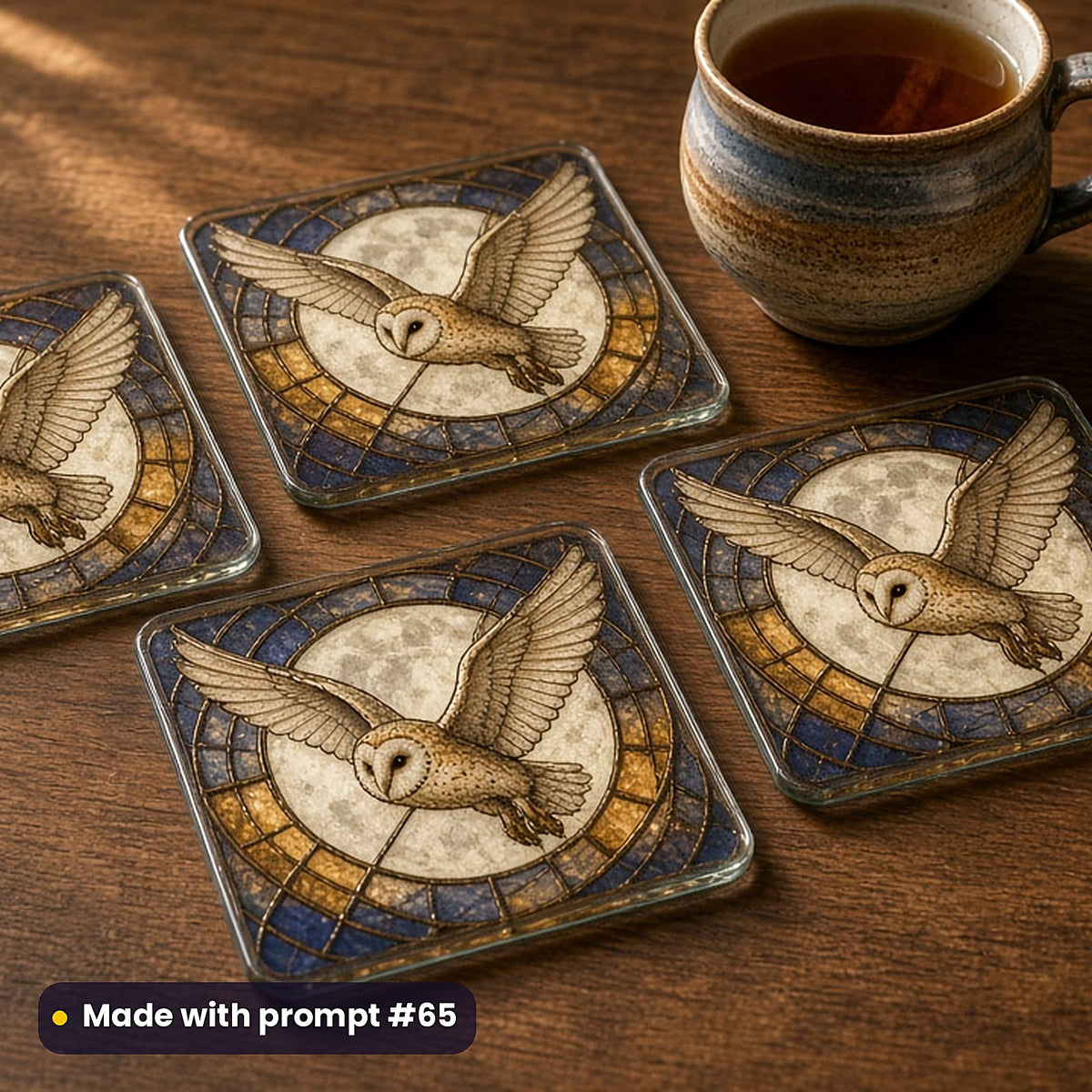 Owls stained glass prompt pack: set of UV-printed glass coasters mockup, made with prompt #65