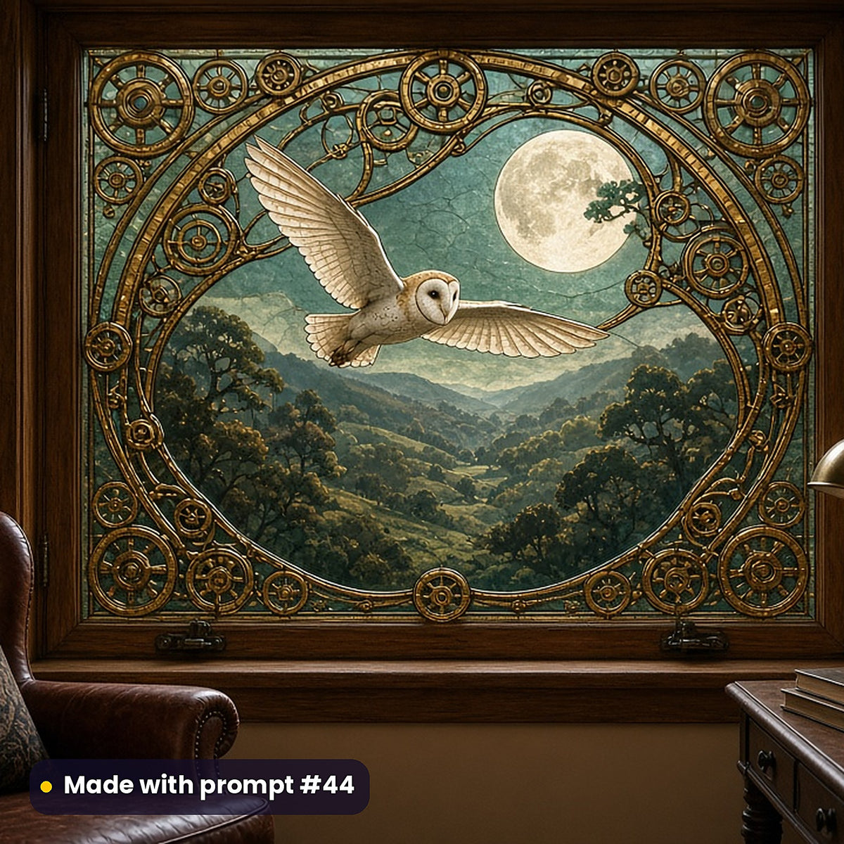 Owls stained glass prompt pack: faux stained glass window panel mockup, made with prompt #44