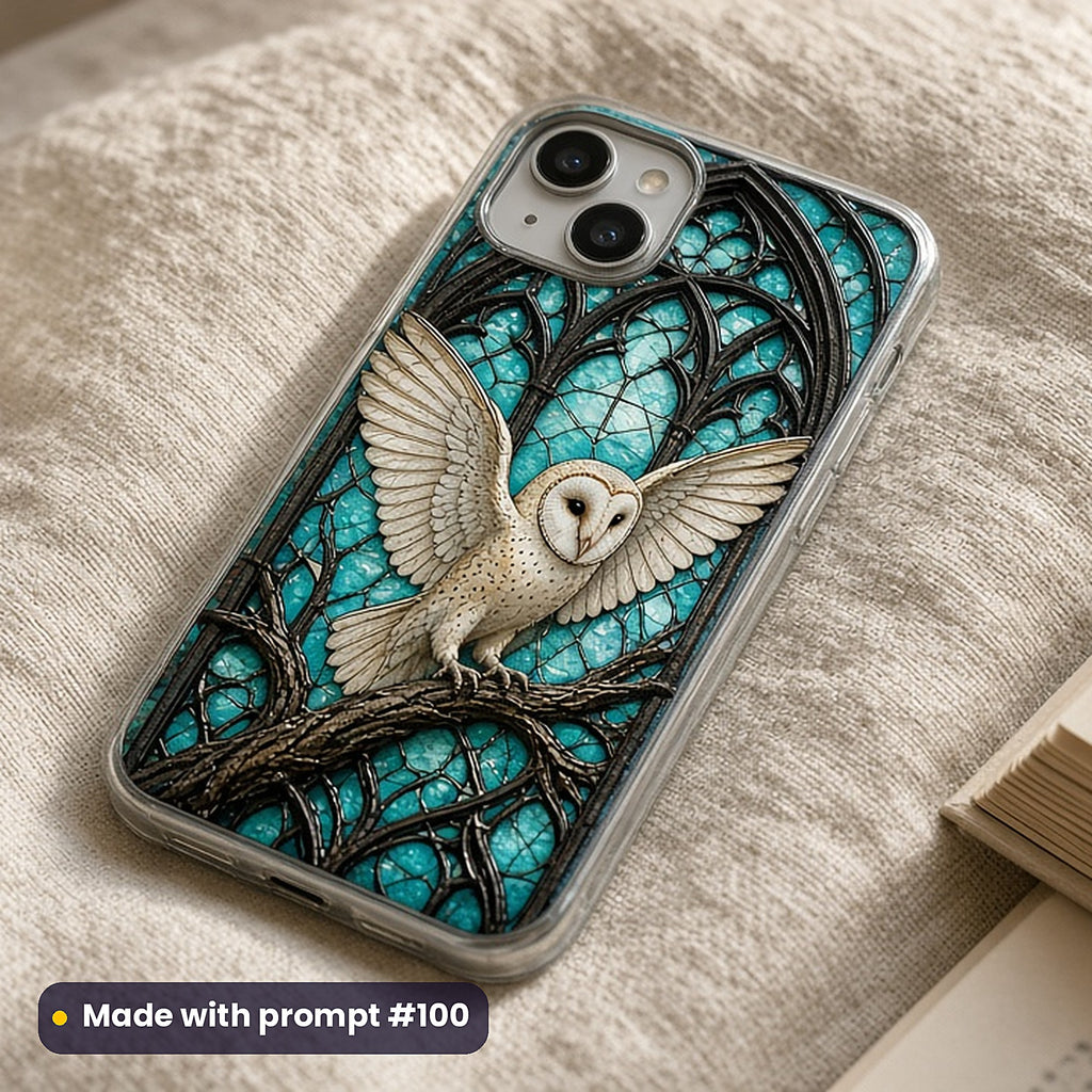 Owls stained glass prompt pack: UV-printed phone case mockup, made with prompt #100
