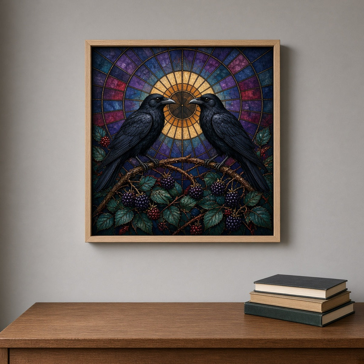 Art Deco stained-glass pair of ravens facing each other on a bramble branch before a golden sunburst moon shown as a flat framed print above a desk, made with prompt #9