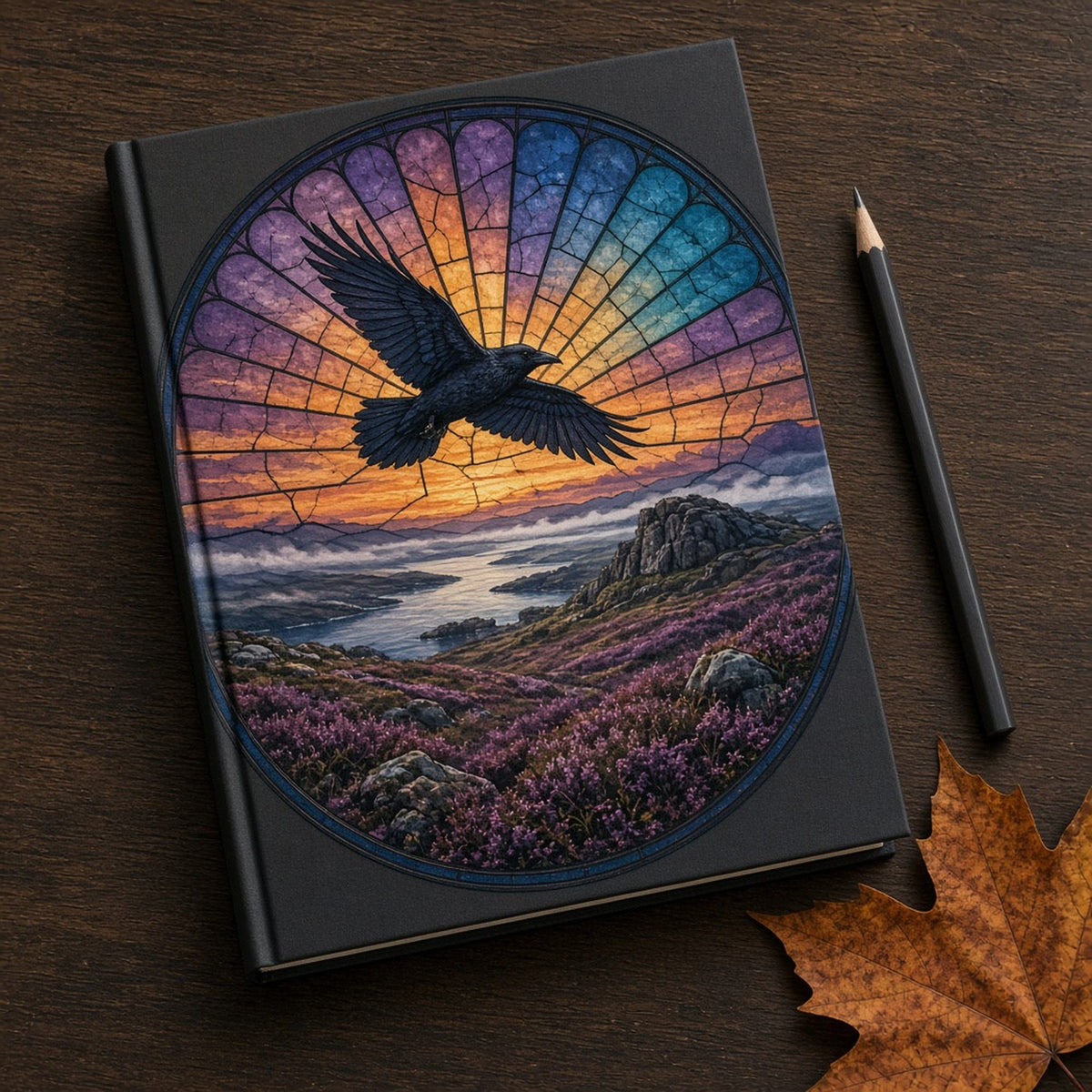 Rose-window stained-glass raven flying over heather moorland, a rocky tor and a misty loch at sunset printed flat on a hardback notebook, made with prompt #47