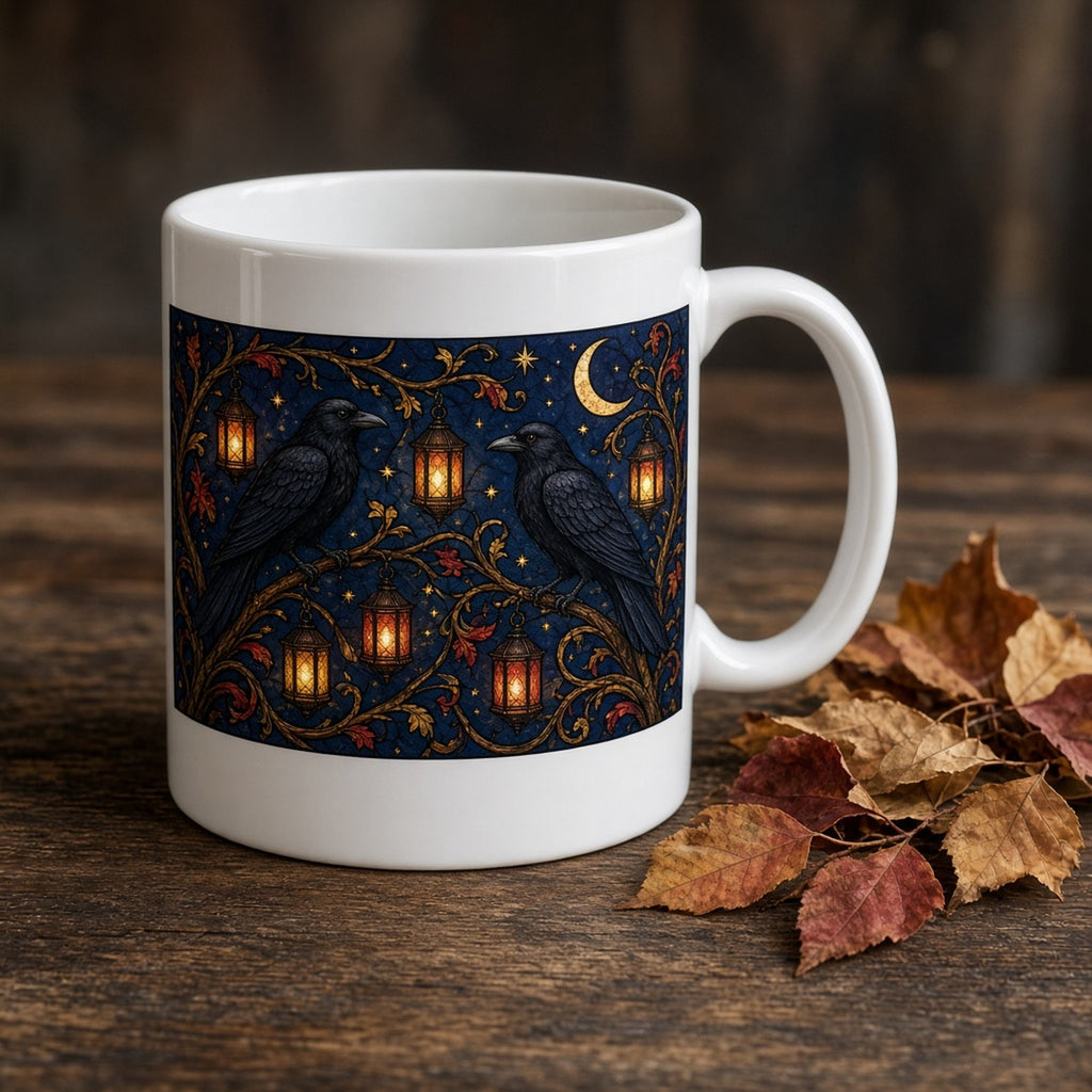 Arts and Crafts stained-glass pair of ravens on curling branches with glowing lanterns, stars and a crescent moon on deep indigo printed flat on a mug, made with prompt #84