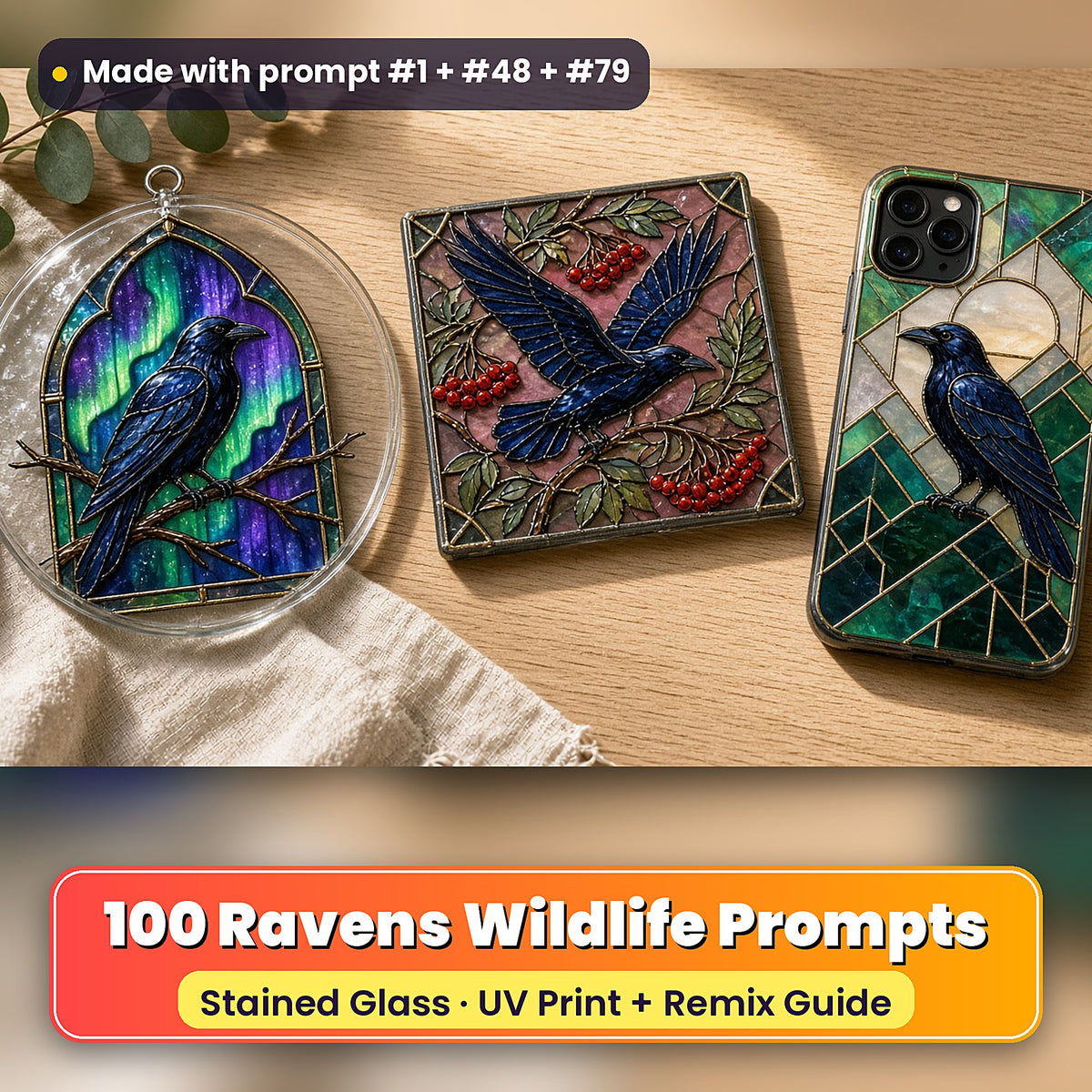 Ravens Wildlife stained glass prompt pack: UV-printed suncatcher, coaster and phone case set mockup, made with prompt #1 + #48 + #79