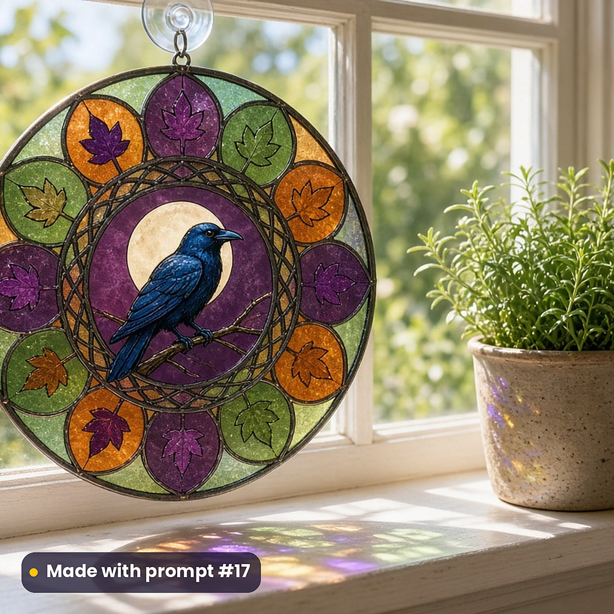 Ravens Wildlife stained glass prompt pack: UV-printed acrylic suncatcher in a window mockup, made with prompt #17