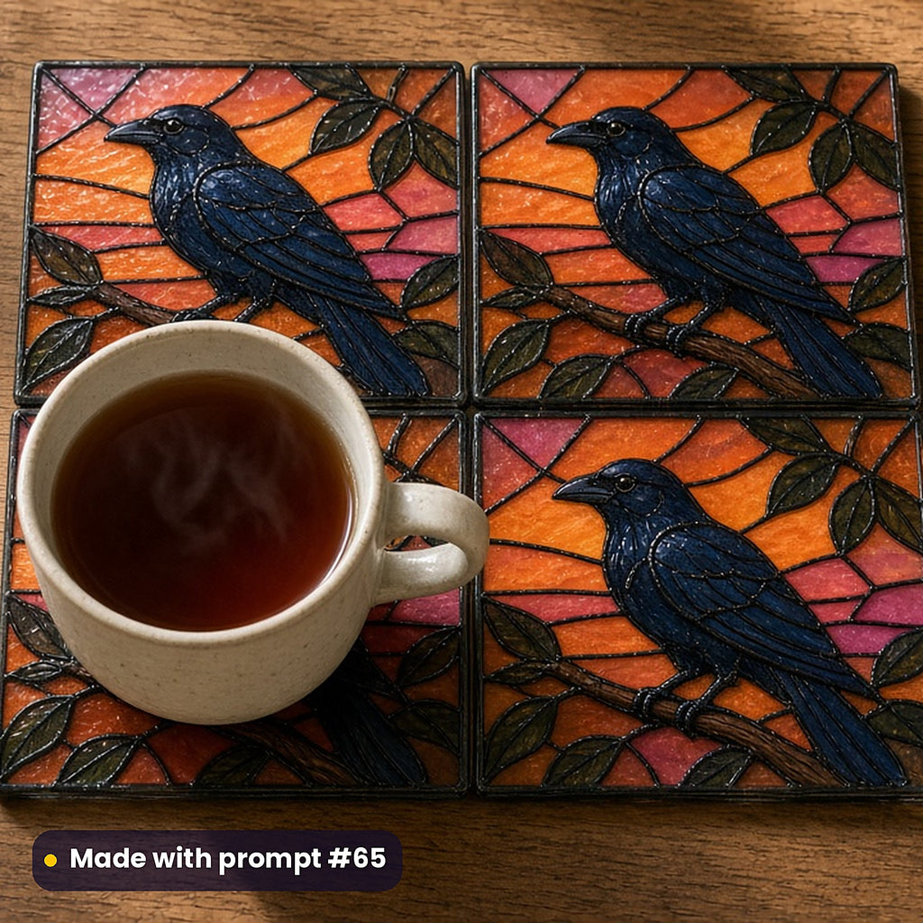 Ravens Wildlife stained glass prompt pack: set of UV-printed glass coasters mockup, made with prompt #65
