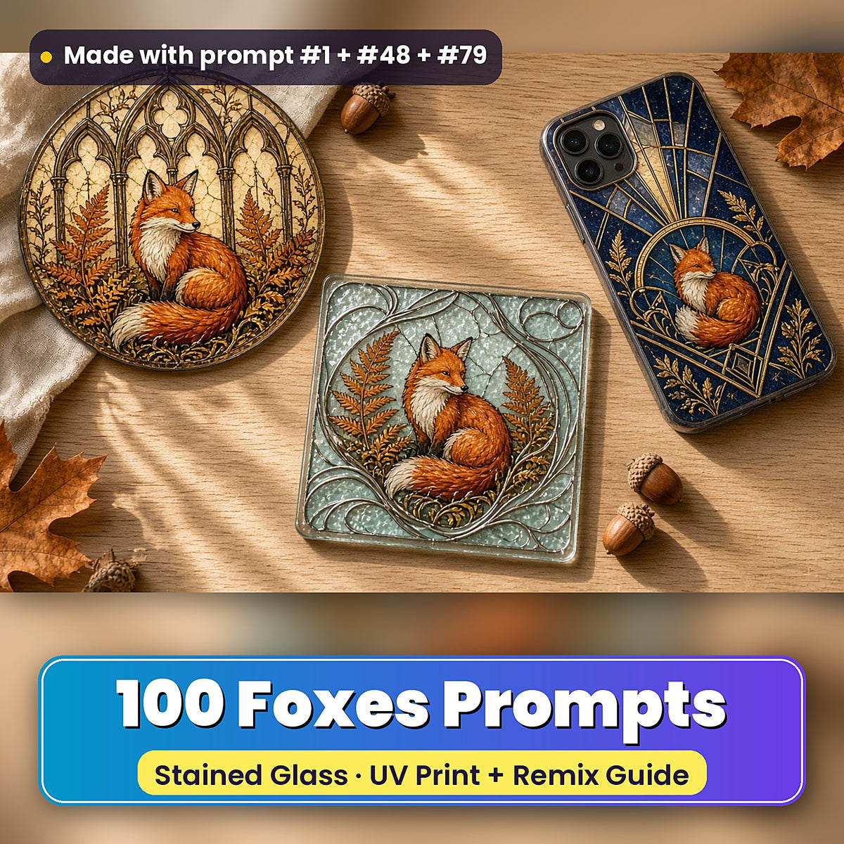 Foxes stained glass prompt pack: UV-printed suncatcher, coaster and phone case set mockup, made with prompt #1 + #48 + #79