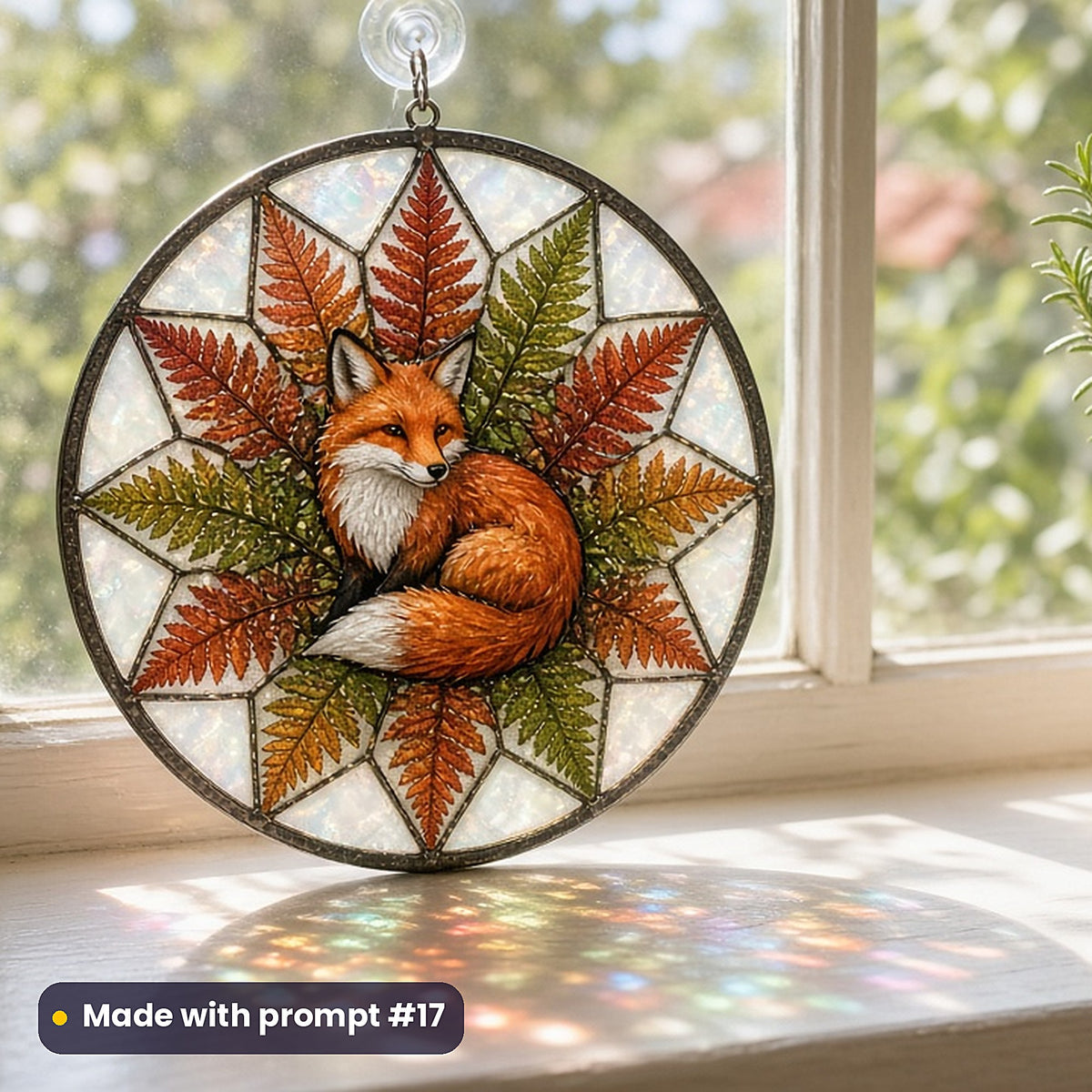 Foxes stained glass prompt pack: UV-printed acrylic suncatcher in a window mockup, made with prompt #17
