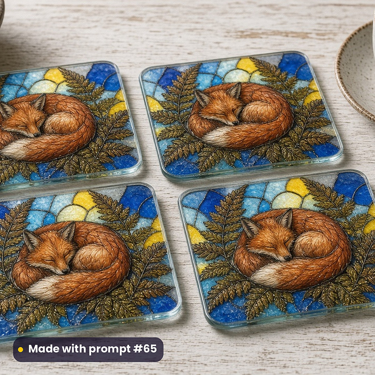 Foxes stained glass prompt pack: set of UV-printed glass coasters mockup, made with prompt #65