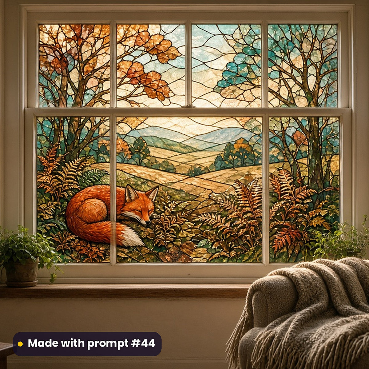 Foxes stained glass prompt pack: faux stained glass window panel mockup, made with prompt #44