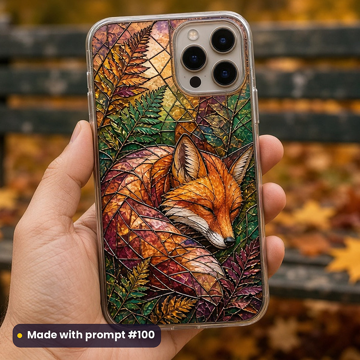 Foxes stained glass prompt pack: UV-printed phone case mockup, made with prompt #100