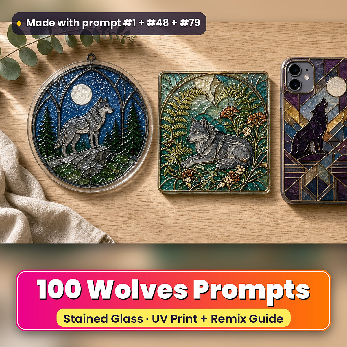 Wolves stained glass prompt pack: UV-printed suncatcher, coaster and phone case set mockup, made with prompt #1 + #48 + #79