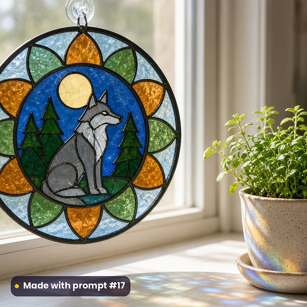 Wolves stained glass prompt pack: UV-printed acrylic suncatcher in a window mockup, made with prompt #17