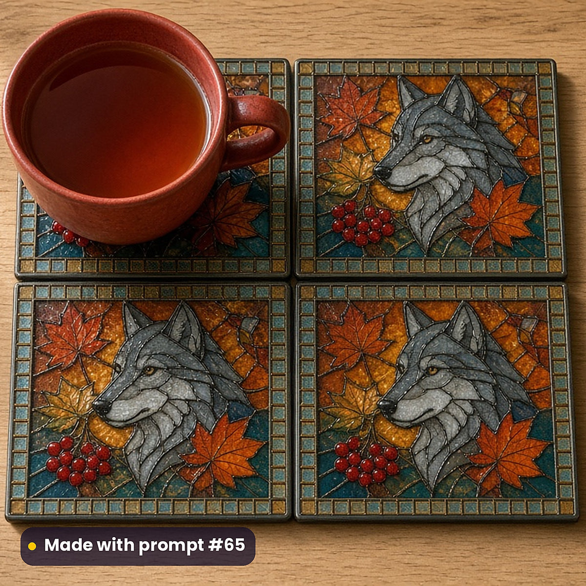 Wolves stained glass prompt pack: set of UV-printed glass coasters mockup, made with prompt #65