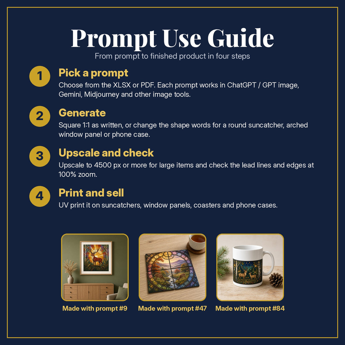 Prompt Use Guide for the Deer and Stags Stained Glass Prompt Pack: pick a prompt, generate, upscale and check, print and sell, with sample products made with the pack's prompts