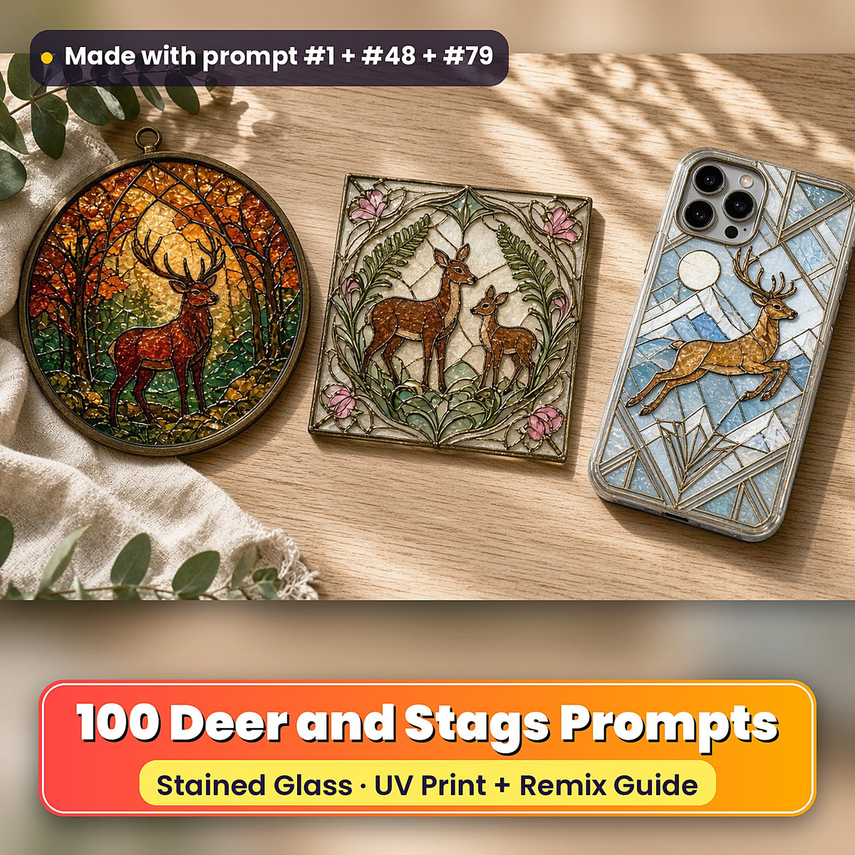 Deer and Stags stained glass prompt pack: UV-printed suncatcher, coaster and phone case set mockup, made with prompt #1 + #48 + #79