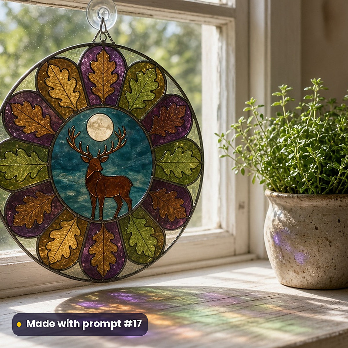 Deer and Stags stained glass prompt pack: UV-printed acrylic suncatcher in a window mockup, made with prompt #17