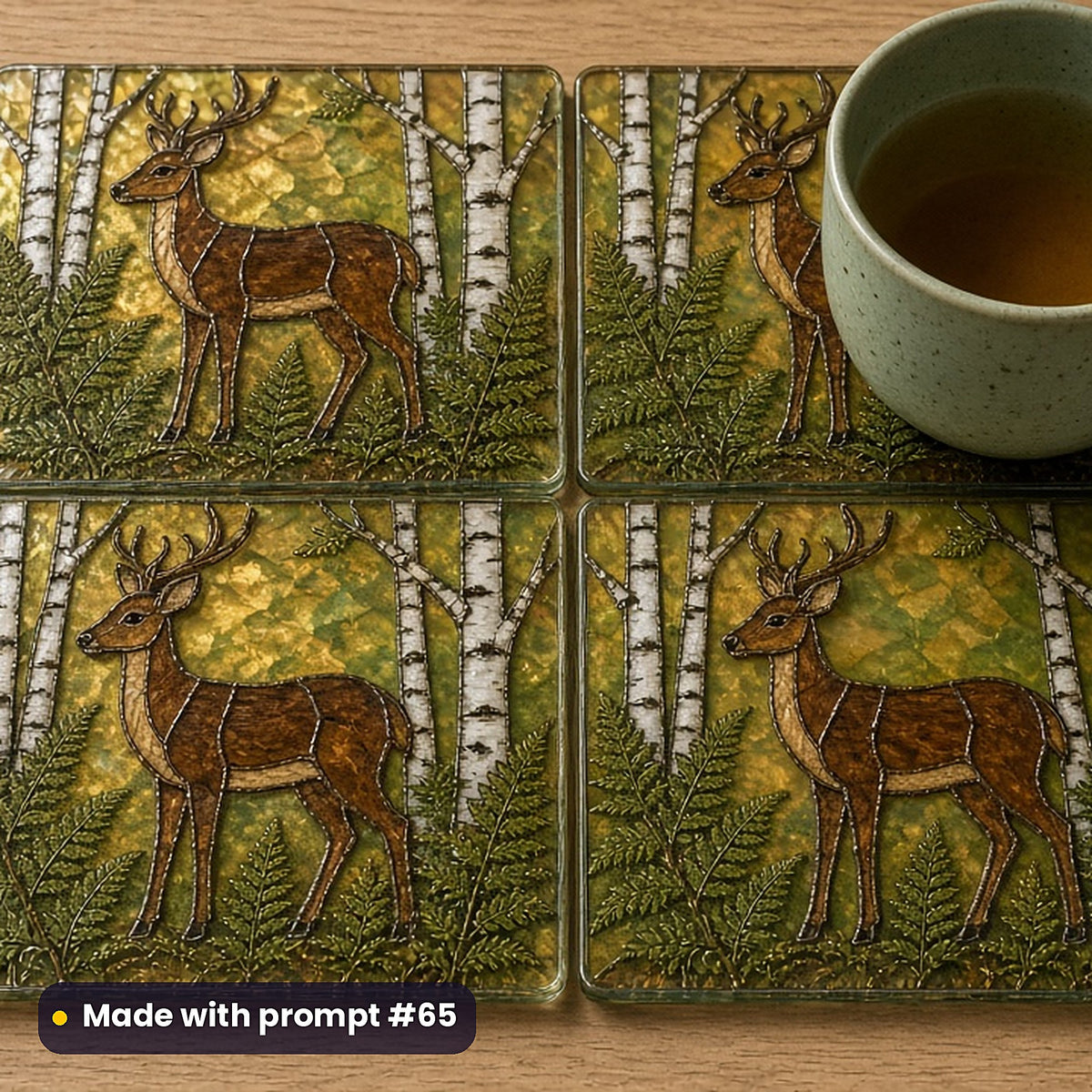 Deer and Stags stained glass prompt pack: set of UV-printed glass coasters mockup, made with prompt #65