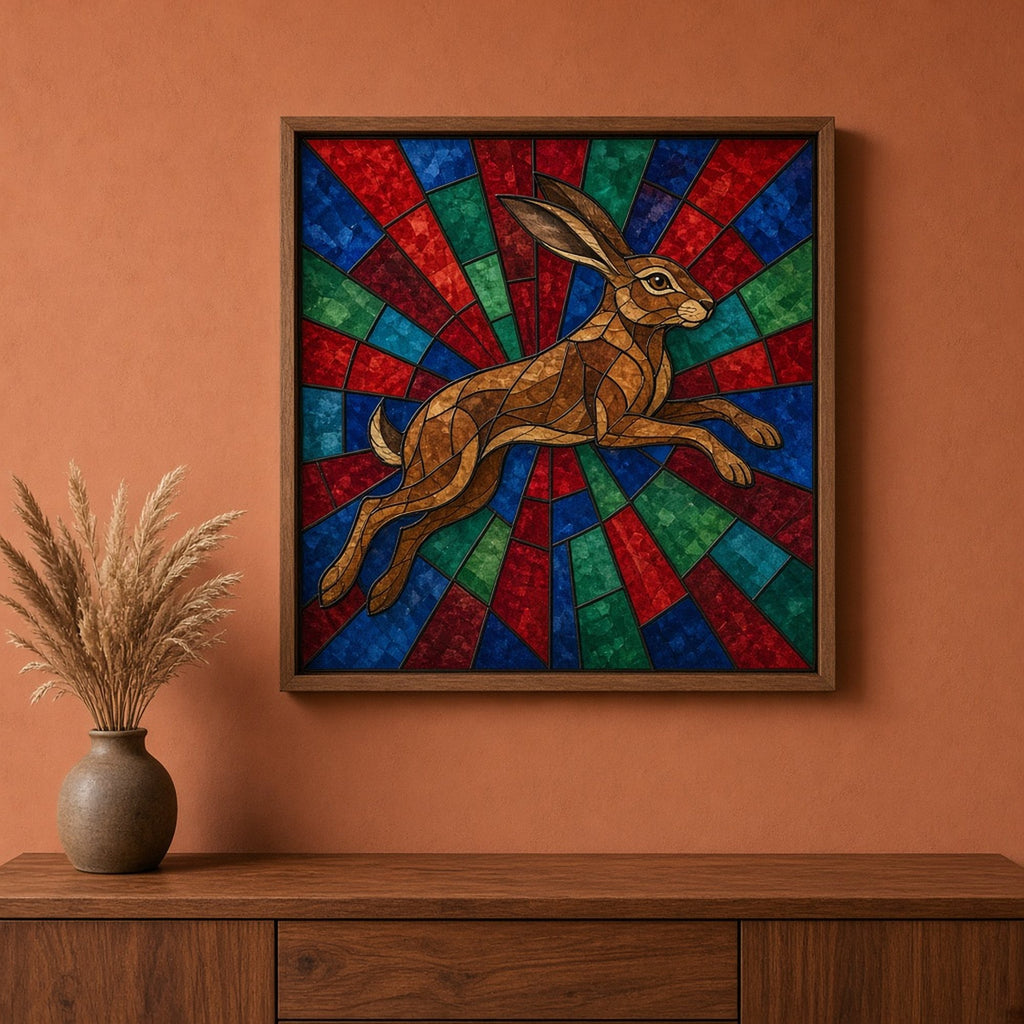Hares printed flat on a framed print, made with prompt #9: a leaping brown hare across Art Deco rays of ruby, sapphire and emerald cathedral glass