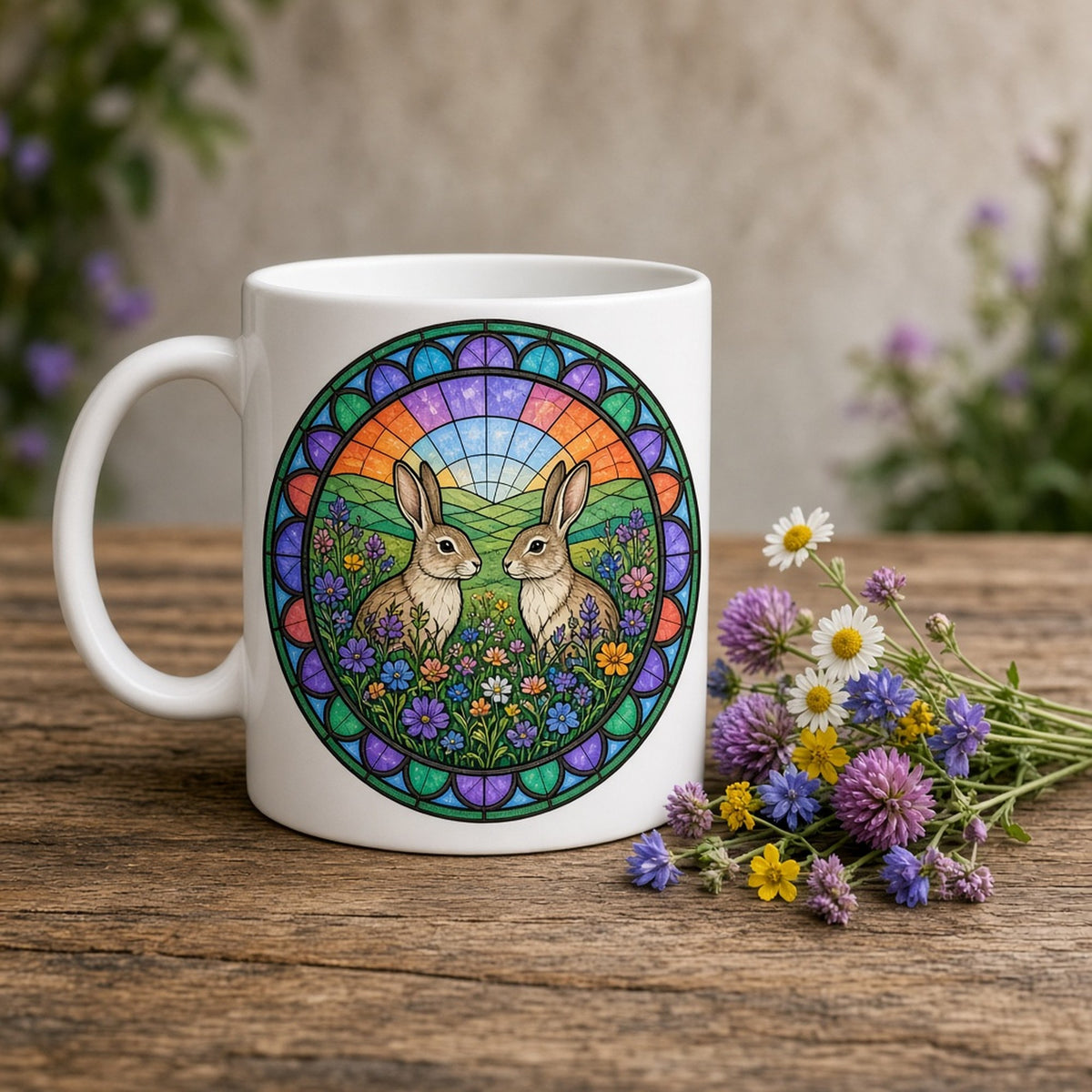 Hares printed flat on a mug, made with prompt #47: two hares in a wildflower meadow before green hills under a rainbow-coloured glass sky in a rose-window ring