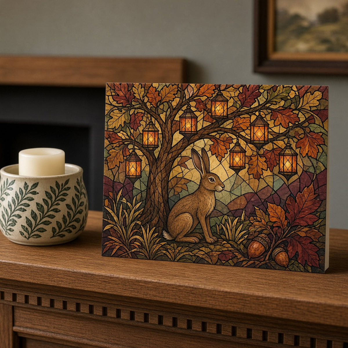 Hares printed flat on a greeting card, made with prompt #84: a hare sitting beneath an autumn oak hung with glowing lanterns among amber and burgundy leaves and acorns