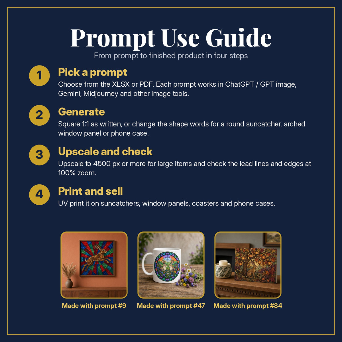 Prompt Use Guide for the Hares Stained Glass Prompt Pack: pick a prompt, generate, upscale and check, print and sell, with sample products made with the pack's prompts