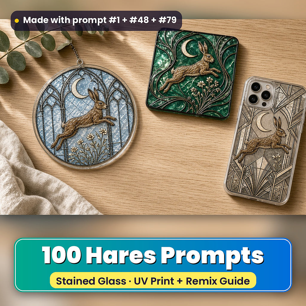 Hares stained glass prompt pack: UV-printed suncatcher, coaster and phone case set mockup, made with prompt #1 + #48 + #79
