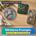 Hares stained glass prompt pack: UV-printed suncatcher, coaster and phone case set mockup, made with prompt #1 + #48 + #79
