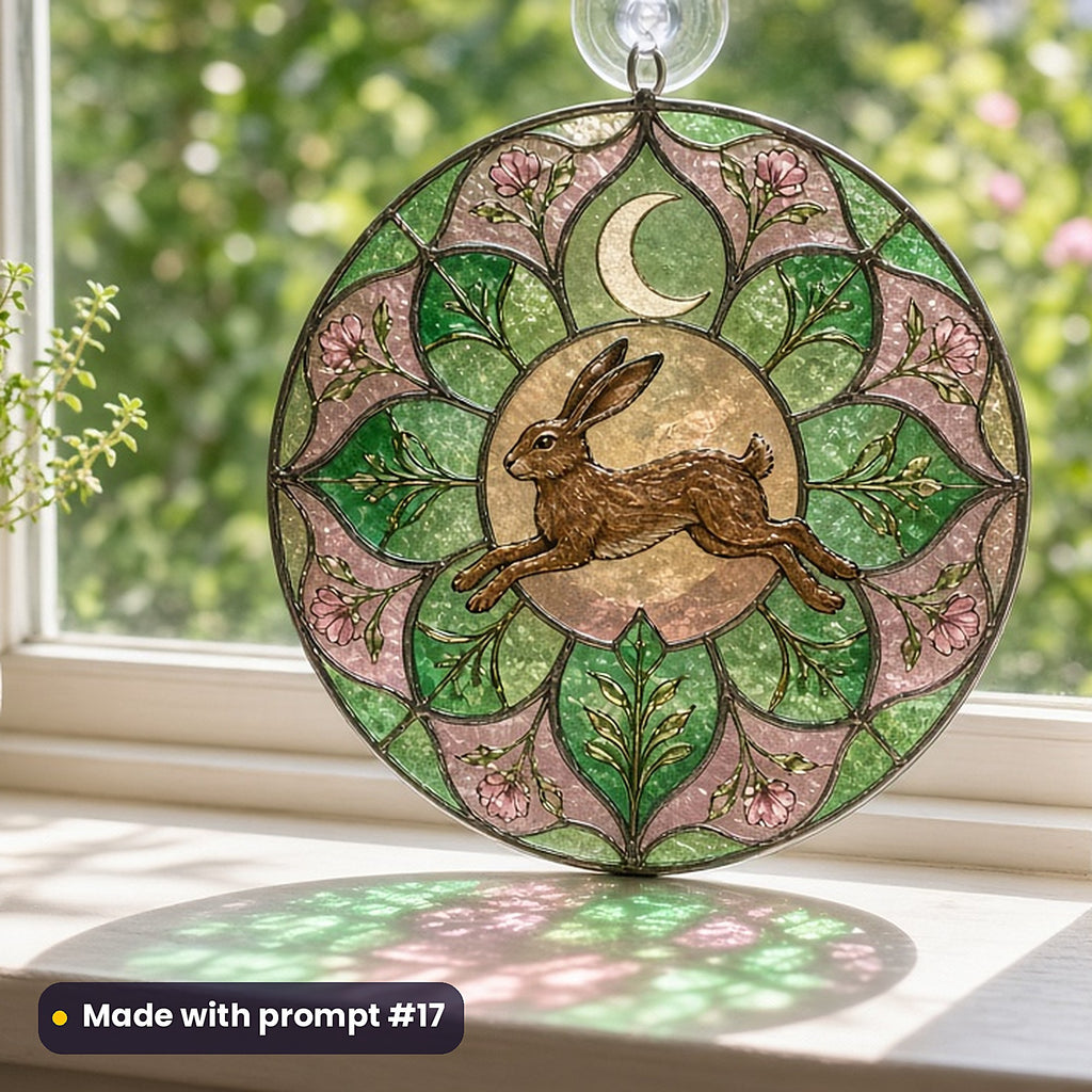 Hares stained glass prompt pack: UV-printed acrylic suncatcher in a window mockup, made with prompt #17