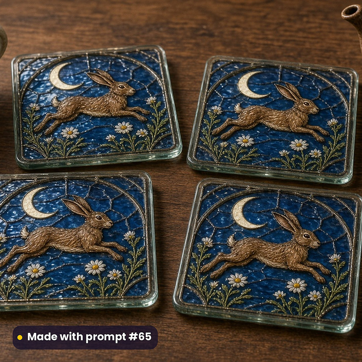 Hares stained glass prompt pack: set of UV-printed glass coasters mockup, made with prompt #65