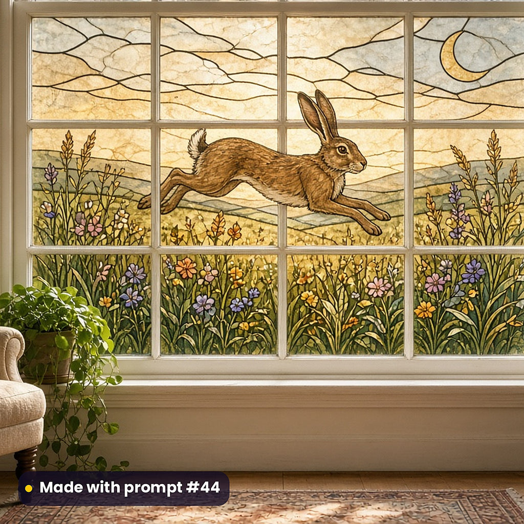 Hares stained glass prompt pack: faux stained glass window panel mockup, made with prompt #44