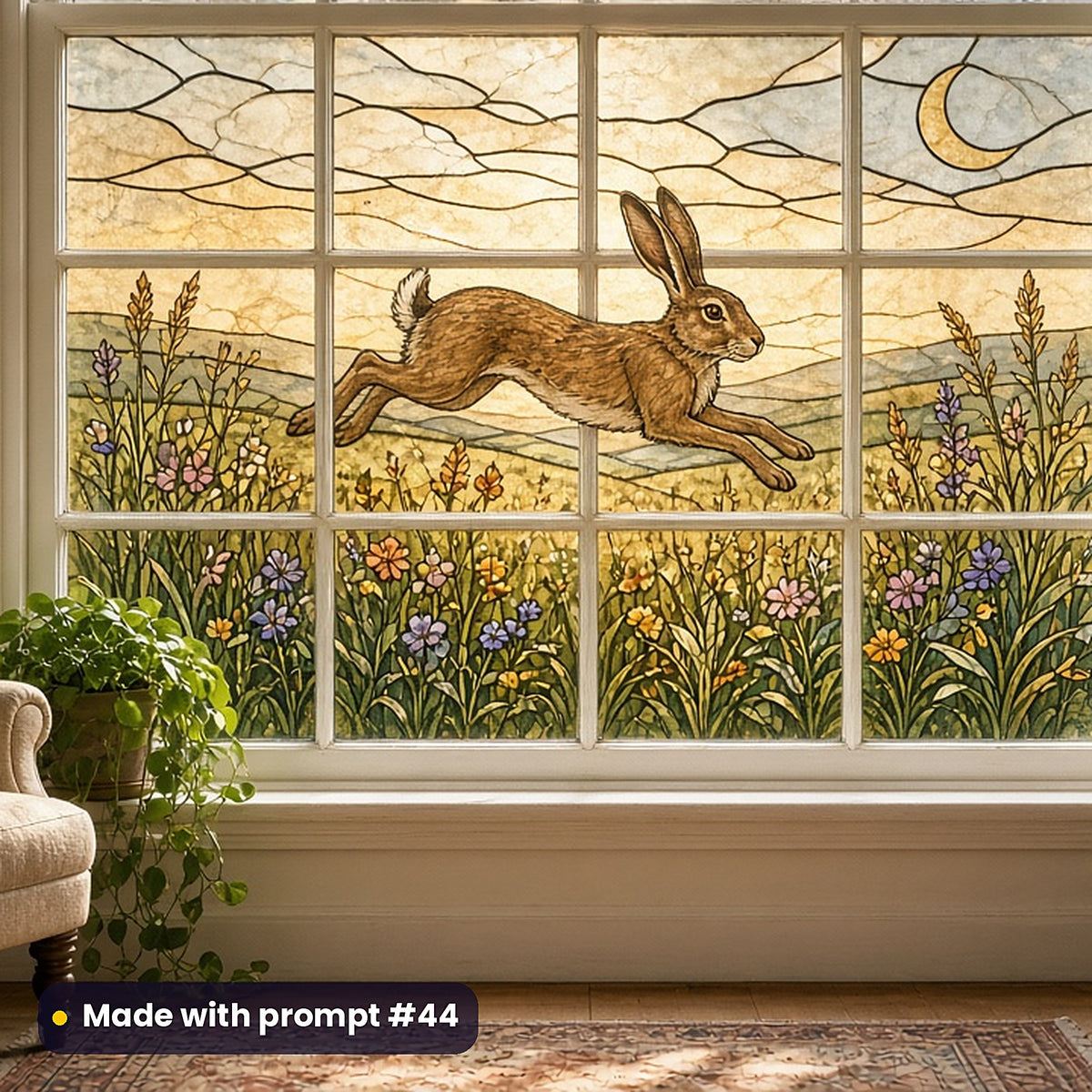 Hares stained glass prompt pack: faux stained glass window panel mockup, made with prompt #44