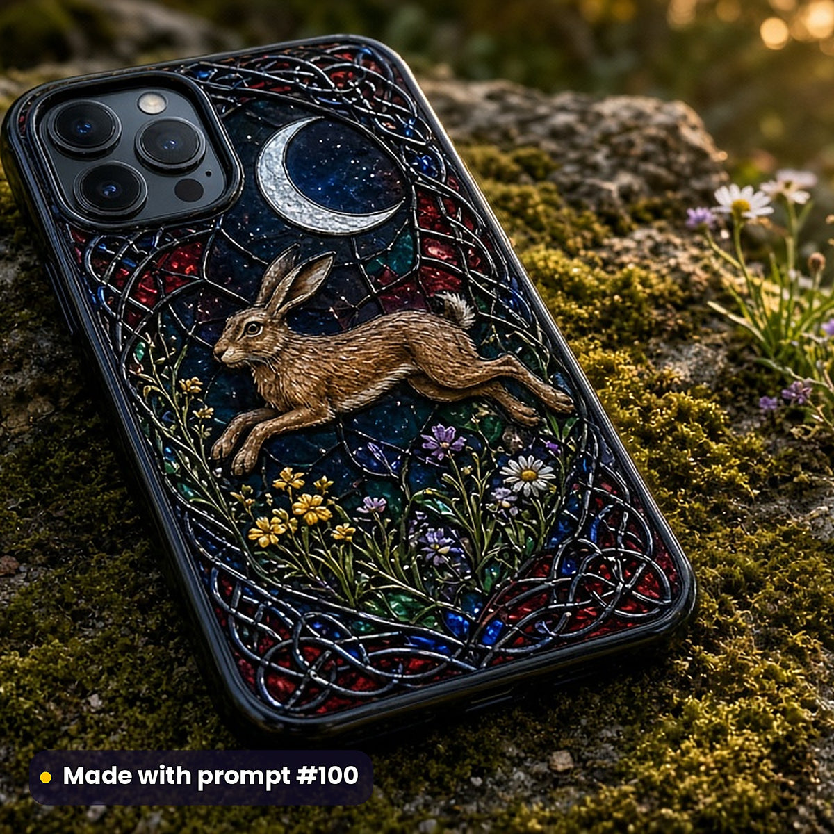 Hares stained glass prompt pack: UV-printed phone case mockup, made with prompt #100