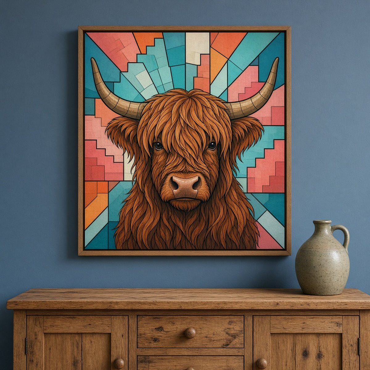 Highland cattle printed flat on a framed print, made with prompt #9: a shaggy russet Highland cow with curved horns facing forward against stepped aqua and coral Art Deco rays
