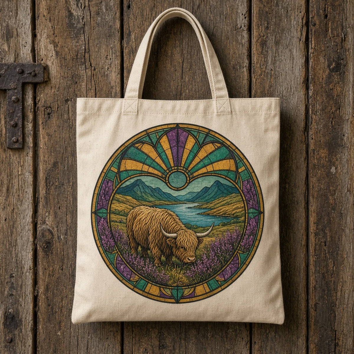 Highland cattle printed flat on a tote bag, made with prompt #47: a Highland cow grazing among purple heather beside a loch and blue mountains inside an ochre, jade and black Art Deco ring