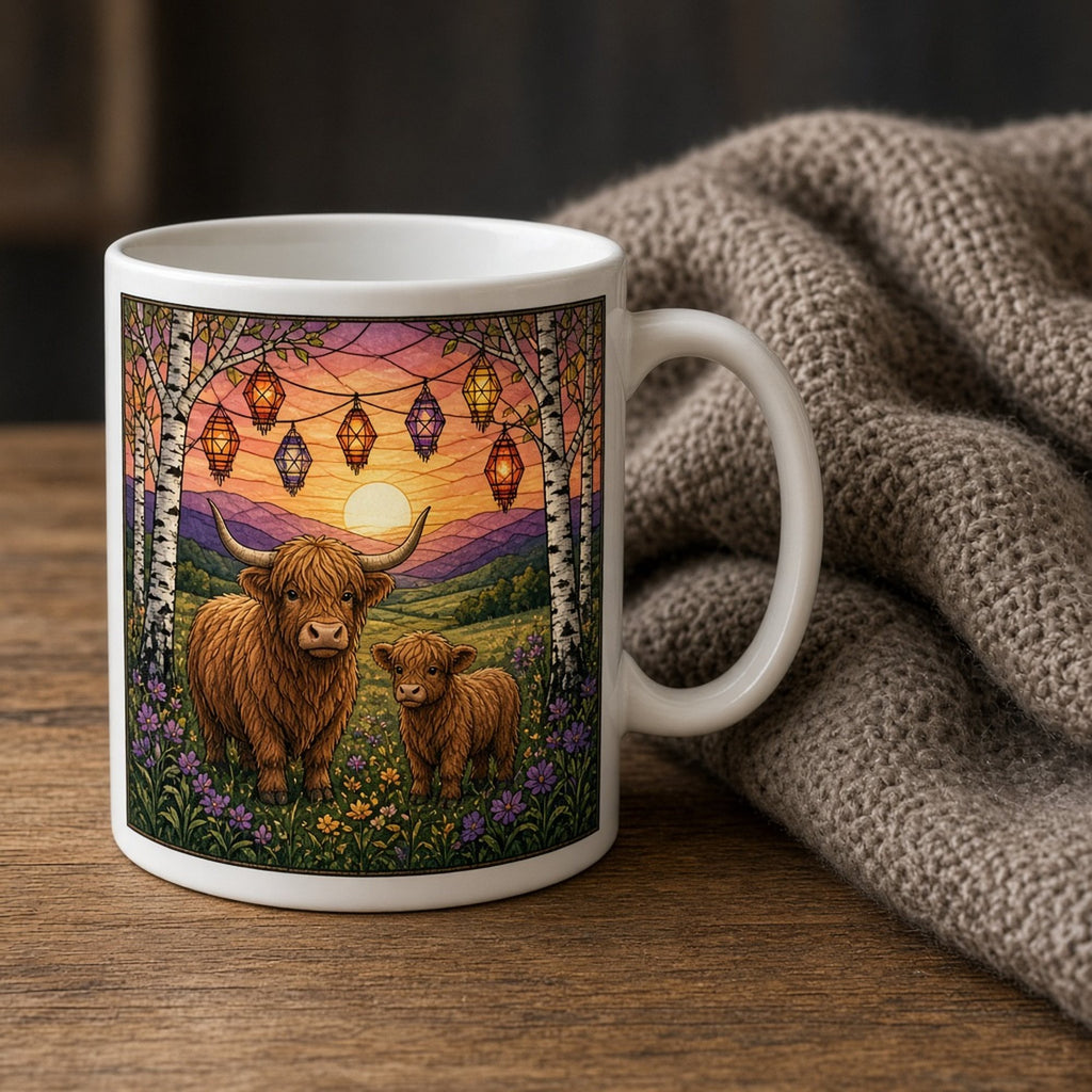 Highland cattle printed flat on a mug, made with prompt #84: a Highland cow and calf in a flower meadow between birch trees hung with glowing lanterns at sunrise