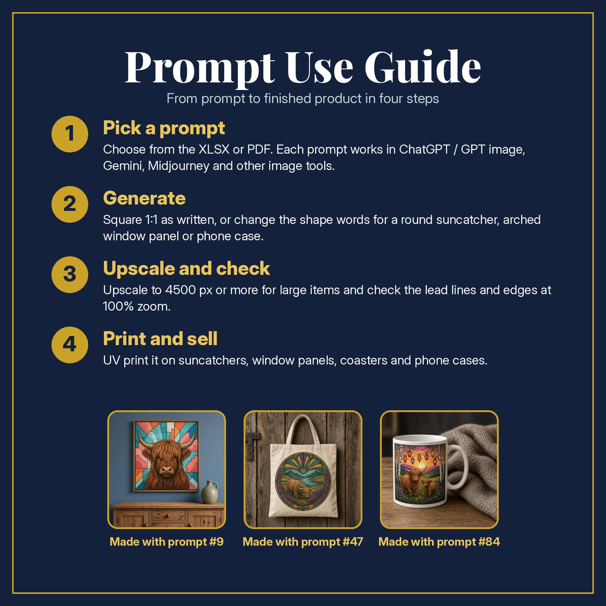 Prompt Use Guide for the Highland Cattle Stained Glass Prompt Pack: pick a prompt, generate, upscale and check, print and sell, with sample products made with the pack's prompts