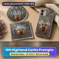 Highland Cattle stained glass prompt pack: UV-printed suncatcher, coaster and phone case set mockup, made with prompt #1 + #48 + #79