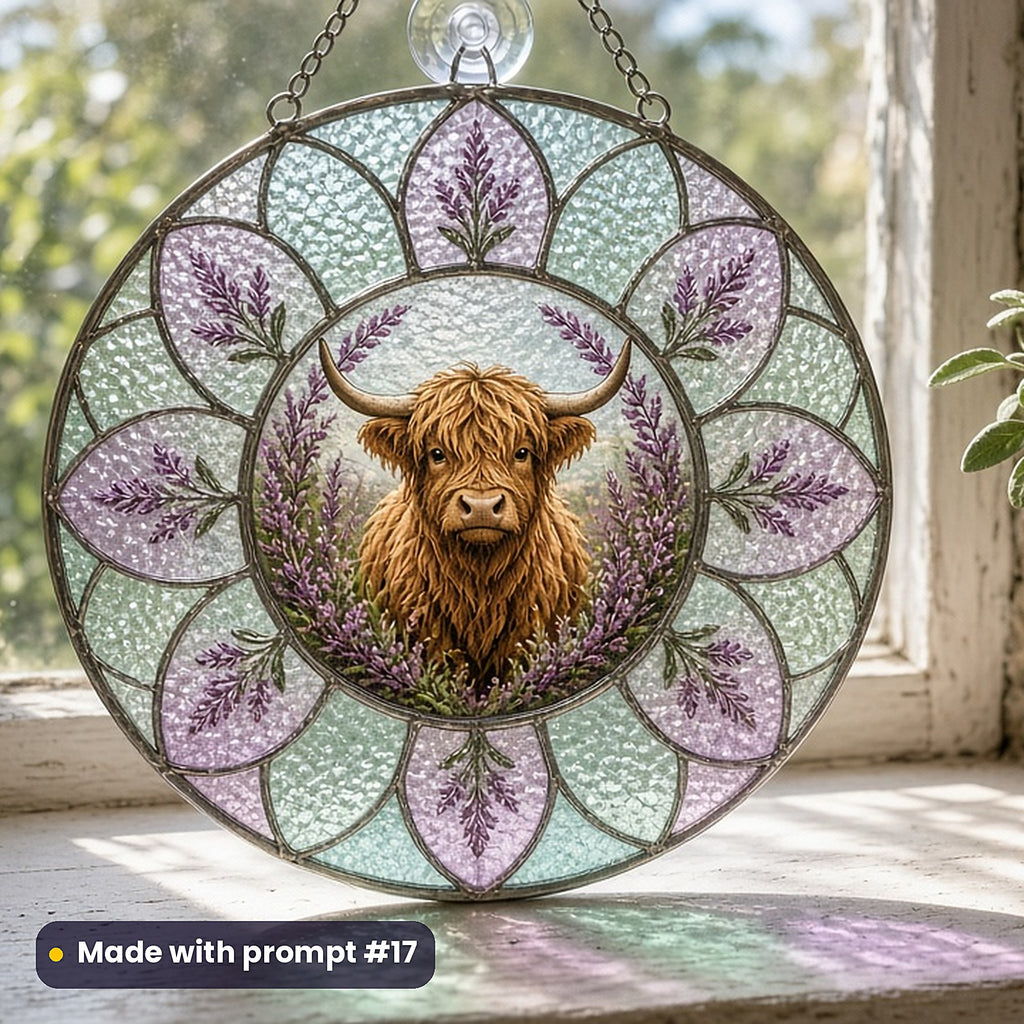 Highland Cattle stained glass prompt pack: UV-printed acrylic suncatcher in a window mockup, made with prompt #17