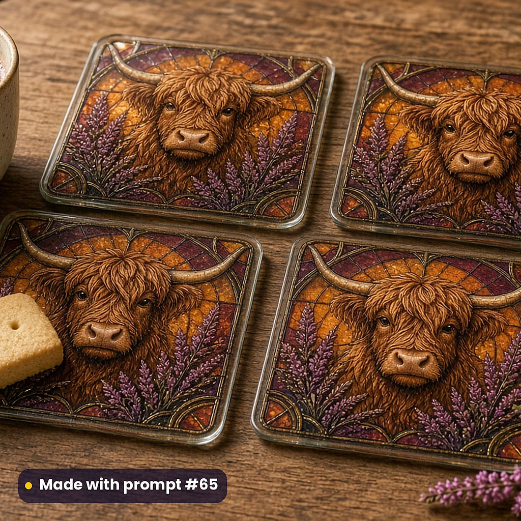 Highland Cattle stained glass prompt pack: set of UV-printed glass coasters mockup, made with prompt #65