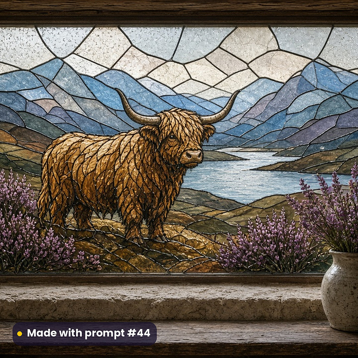 Highland Cattle stained glass prompt pack: faux stained glass window panel mockup, made with prompt #44