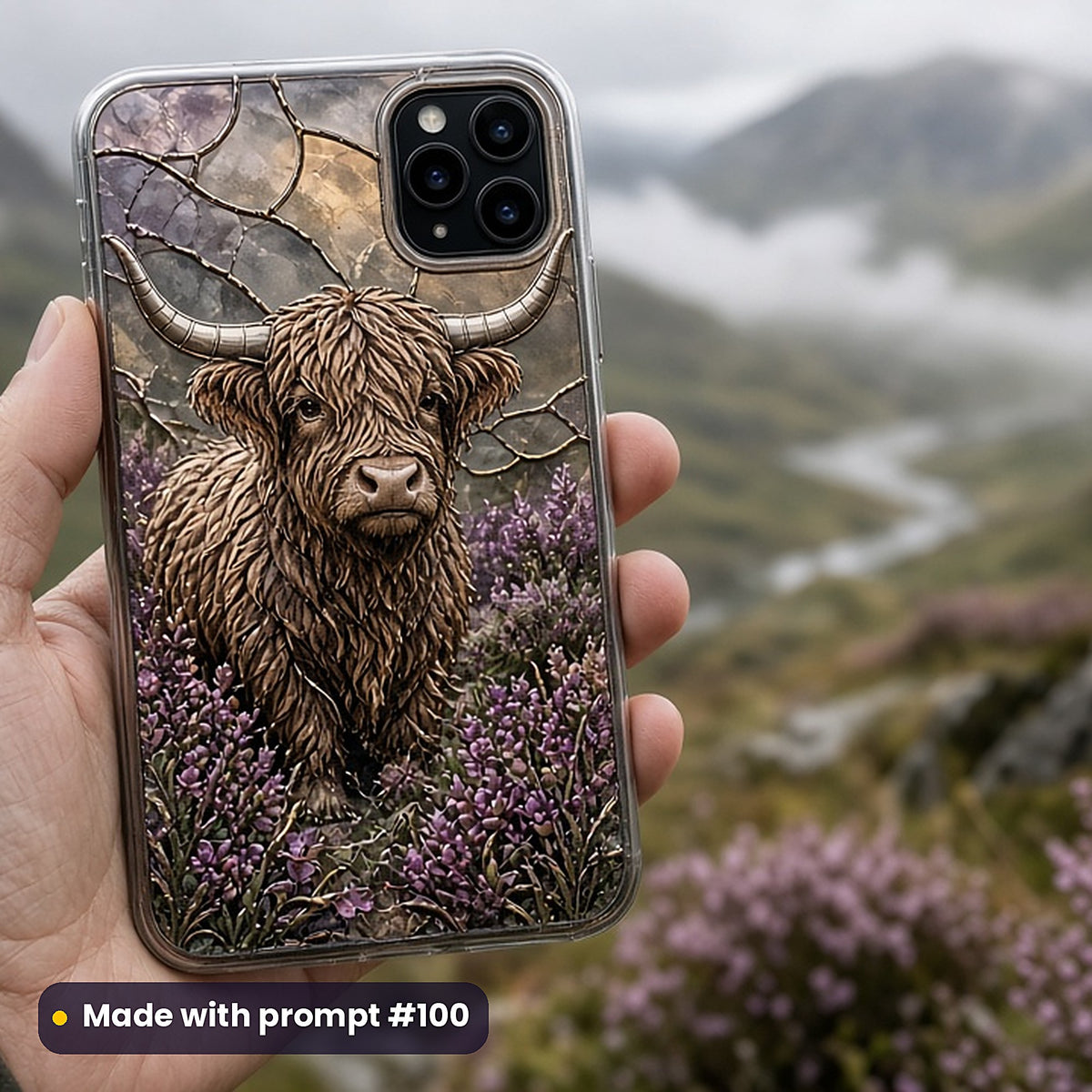 Highland Cattle stained glass prompt pack: UV-printed phone case mockup, made with prompt #100