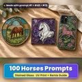 Horses stained glass prompt pack: UV-printed suncatcher, coaster and phone case set mockup, made with prompt #1 + #48 + #79