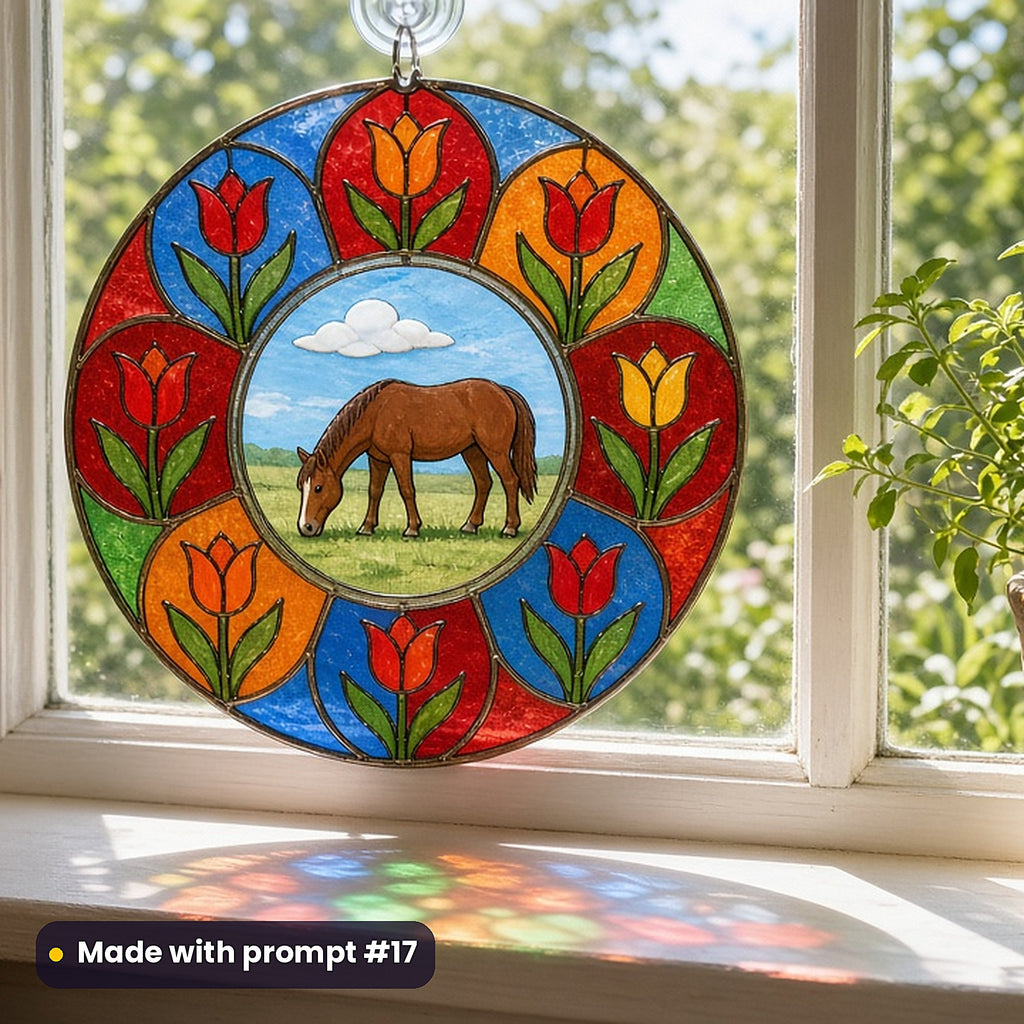 Horses stained glass prompt pack: UV-printed acrylic suncatcher in a window mockup, made with prompt #17