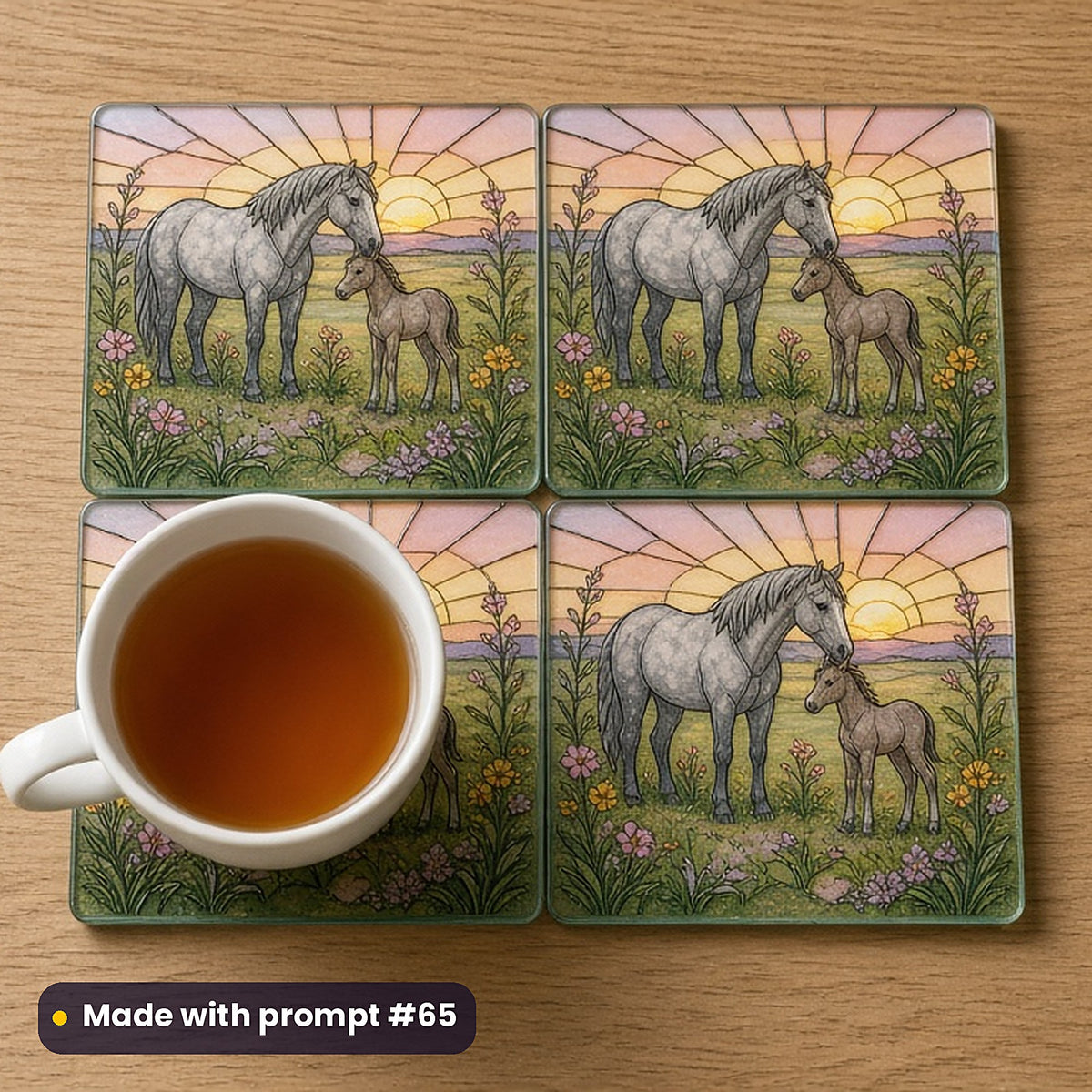 Horses stained glass prompt pack: set of UV-printed glass coasters mockup, made with prompt #65