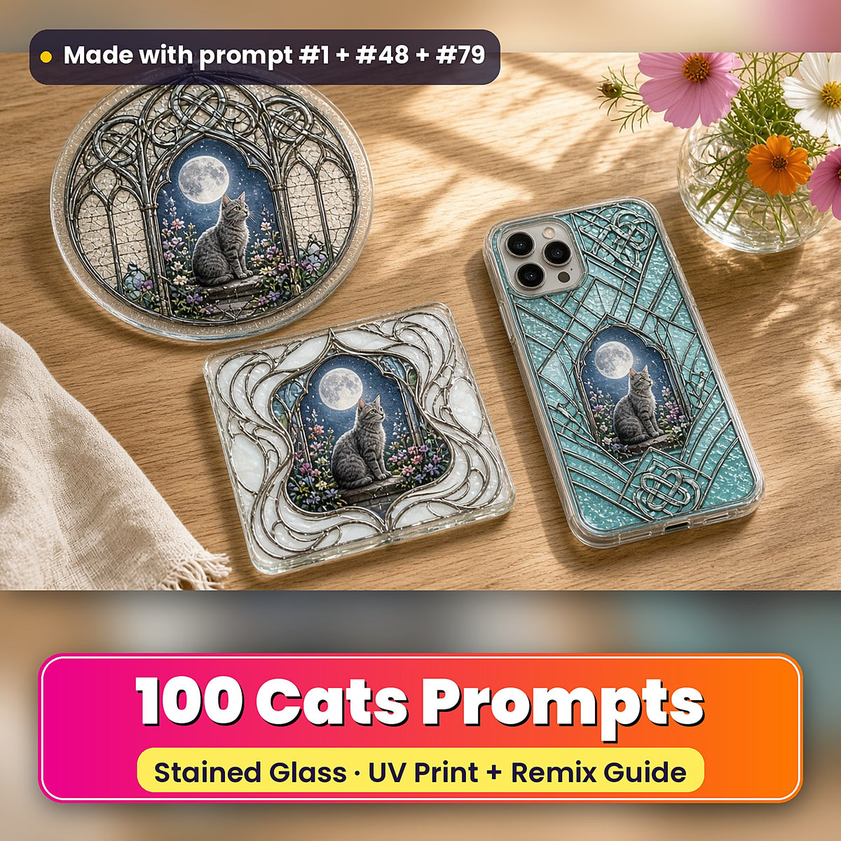 Cats stained glass prompt pack: UV-printed suncatcher, coaster and phone case set mockup, made with prompt #1 + #48 + #79