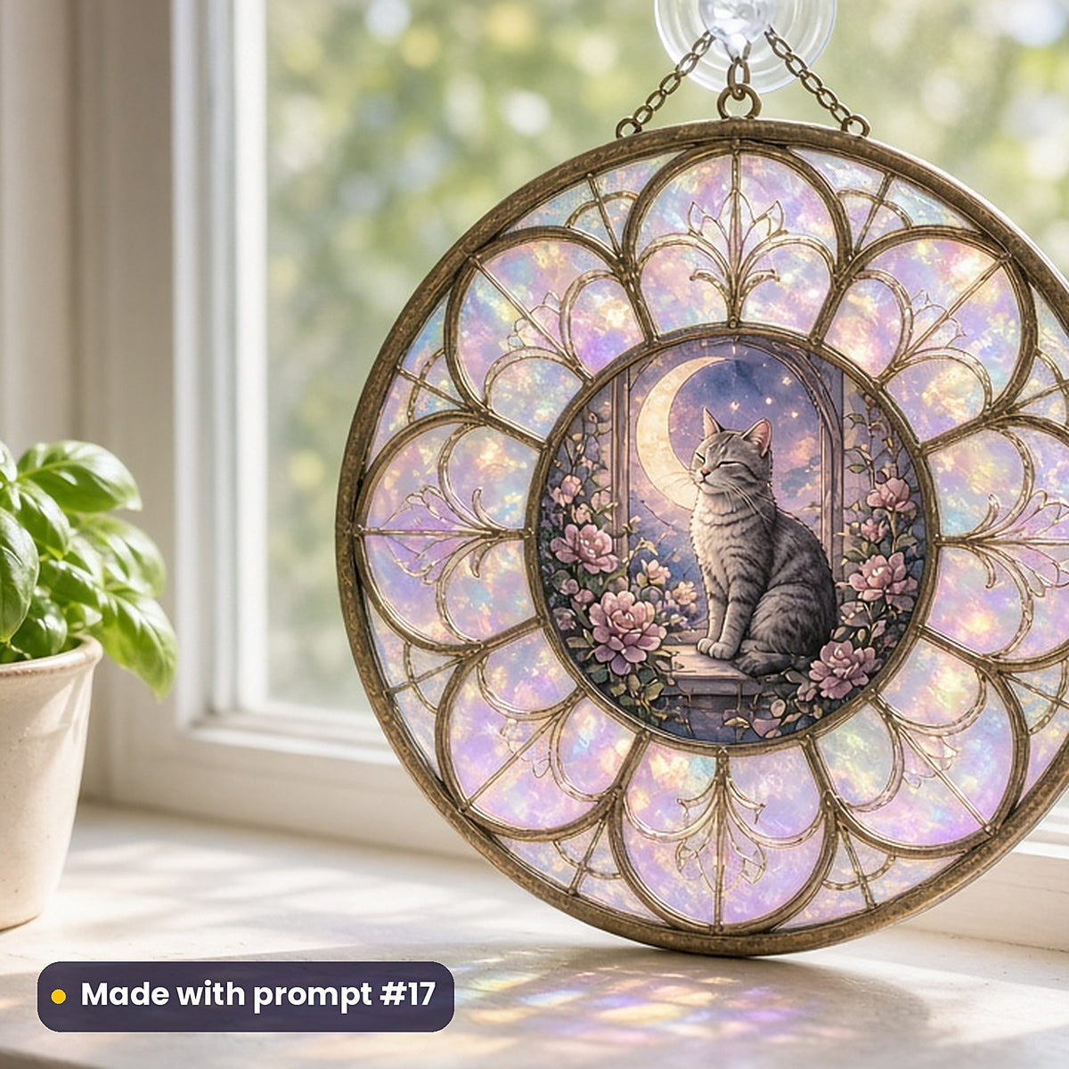 Cats stained glass prompt pack: UV-printed acrylic suncatcher in a window mockup, made with prompt #17
