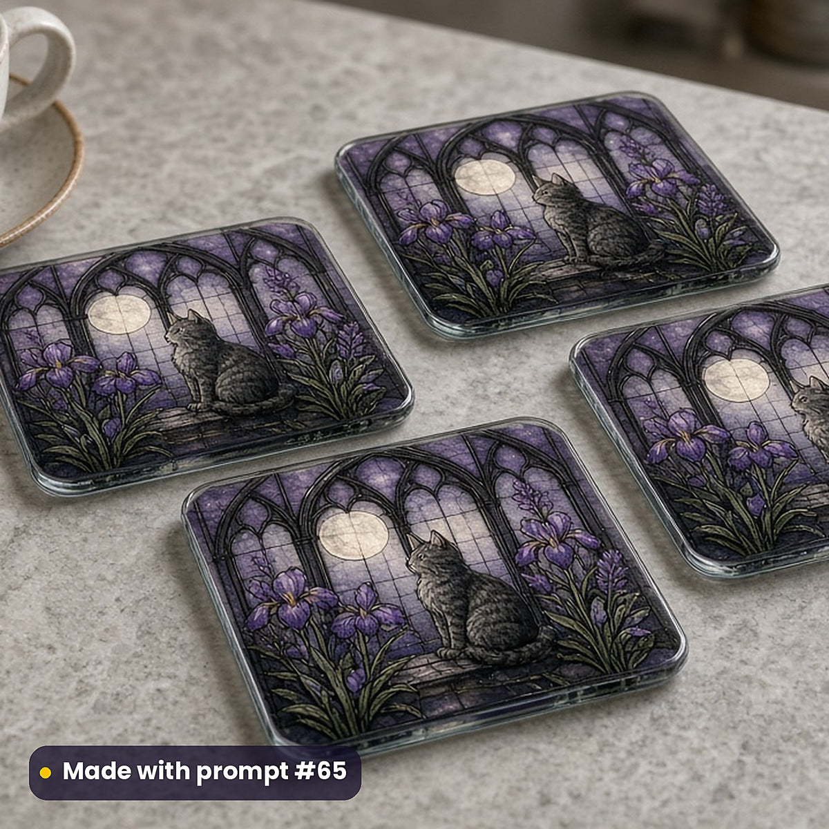 Cats stained glass prompt pack: set of UV-printed glass coasters mockup, made with prompt #65