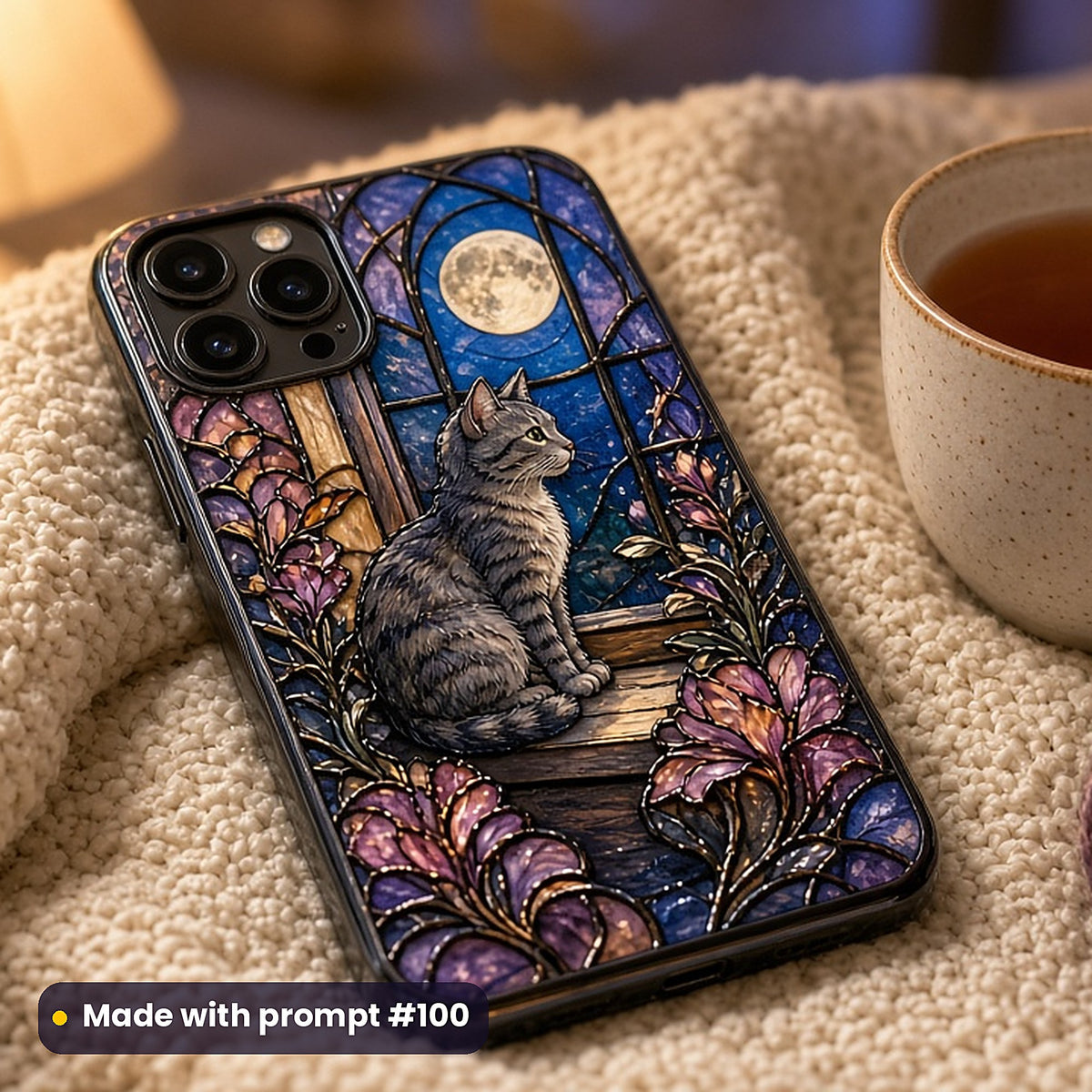 Cats stained glass prompt pack: UV-printed phone case mockup, made with prompt #100