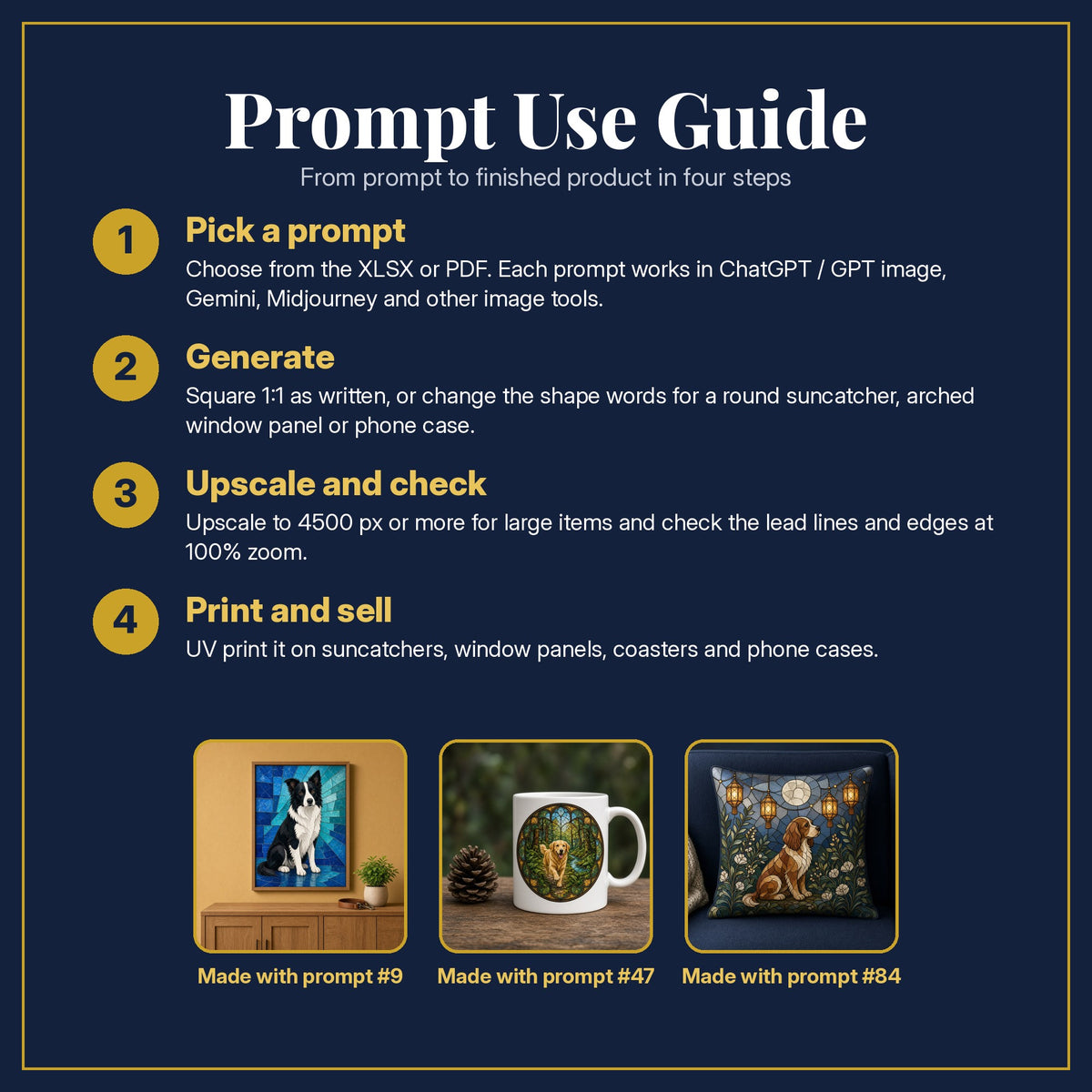 Prompt Use Guide for the Dogs Stained Glass Prompt Pack: pick a prompt, generate, upscale and check, print and sell, with sample products made with the pack's prompts