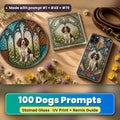 Dogs stained glass prompt pack: UV-printed suncatcher, coaster and phone case set mockup, made with prompt #1 + #48 + #79